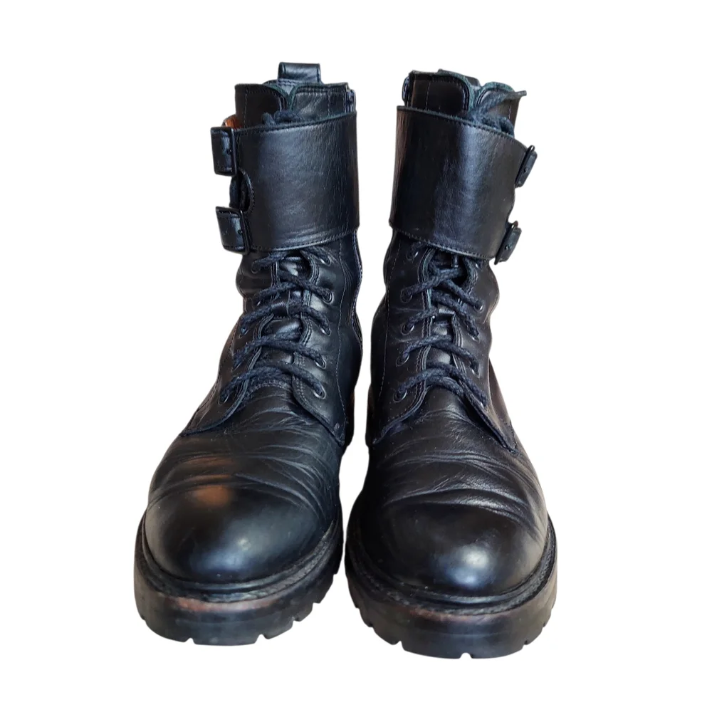 Frye Julie Biker Engineer Black Leather Lace-up Lug Sole Boots - Picture 3 of 15